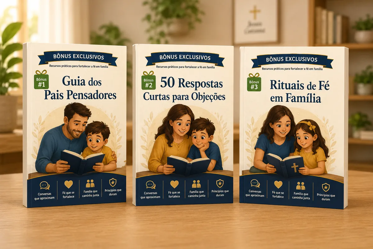 Os 3 bônus exclusivos: Guia dos Pais Pensadores, 50 Respostas Curtas para Objeções e Rituais de Fé em Família