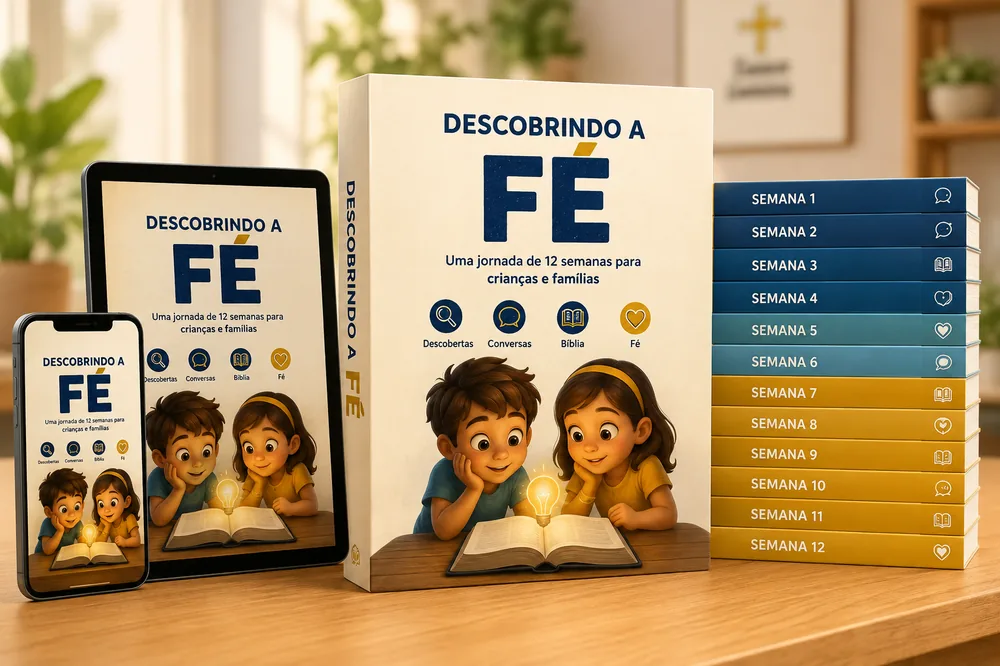 Caixa do método Descobrindo a Fé com mockup de celular e tablet, ao lado da coleção de 12 semanas